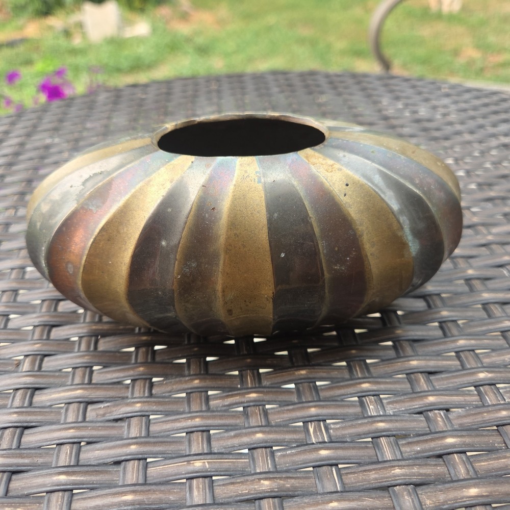 Vintage Handcrafted Brass Ribbed  Oval Slender Vase Bowl India Tri Color